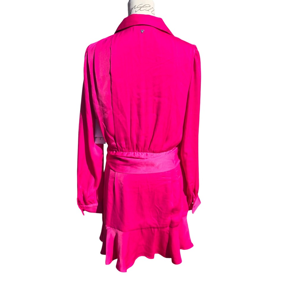 GUESS NWT Hope Dress Shocking Pink Satin Logo Print Belted Ruffle Shirt Dress M - Picture 8 of 14